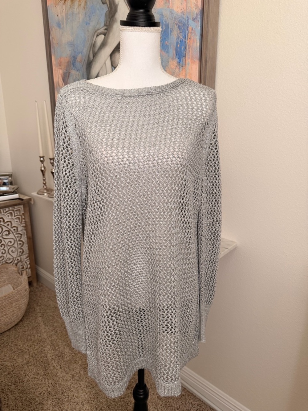 Chico's Graystone Metallic Open-Knit Shirt Tail Top